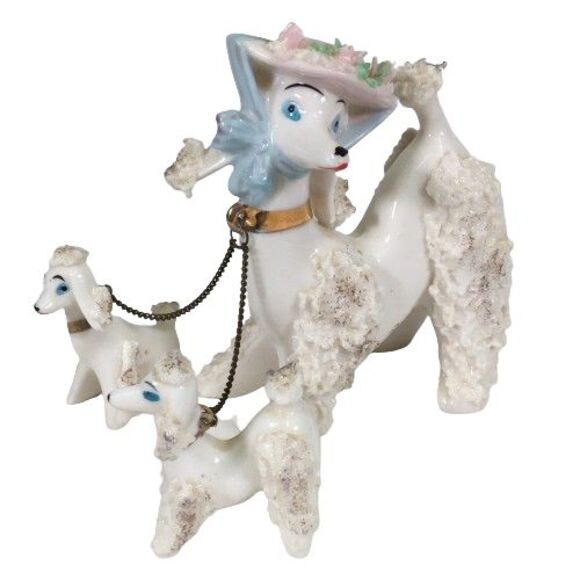 Vintage Spaghetti Poodle Dog Mother w/Two Babies Puppies on Chain Blue Pink Hat - Picture 2 of 16